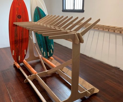 Surfboard rack containing two boards, CNC Routed from plywood by Routers Australia.